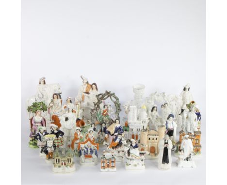 Miscellaneous collection of Staffordshire pottery figures and groups, including religious scenes (including Wesley and missio
