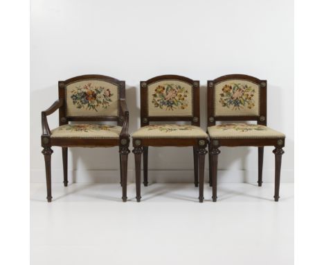2 chairs and an armchair de curré in mahogany and with tapestry with floral decoration finished with upholstery nails, legs w