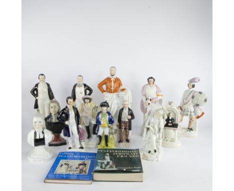 A colourful collection of Victorian Staffordshire portrait figures, 19th century, supplemented with two reference books on St