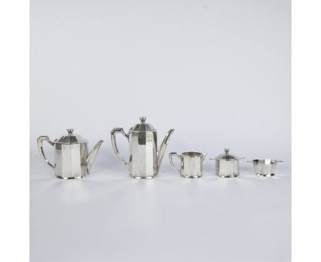 Christofle Art Deco silver-plated five-piece service in sleek Art Deco style, consisting of coffee pot, teapot, sugar bowl, m