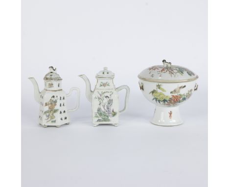 Two Chinese teapots with hand-painted scenes of figures, flowers and calligraphy, and a small bowl on a foot with lid, decora