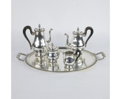 Silver plated Christofle four piece coffee and tea service set on a tray in neoclassical style with profiled edges and black 