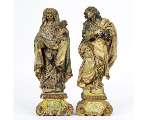 Pair of wooden statues with original polychromy Madonna with child and John from under cross , Southern Europe, 18th centuryK