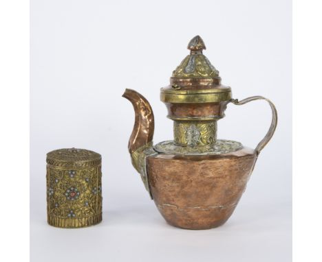 Tibetan copper kettle with pewter interior and gilded copper box with lid decorated with filigree and pieces of turquoise and