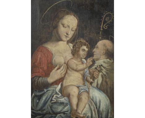 17th century Flemish oil painting of the Madonna lactans flanked by a cleric saint, probably a bishop or abbot with staff and