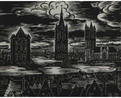 Frans MASEREEL (1889-1972), woodcut Tours de Gand vue du post hotel, numbered, signed and dated 1962Frans MASEREEL (1889-1972
