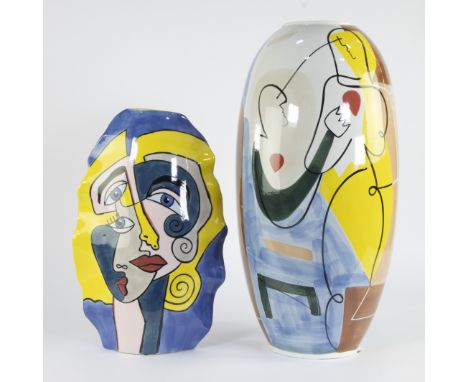 Two design vases by Ennio Simone with a modern abstract decor with Mediterranean colours, inspired by Picasso and post-war mo