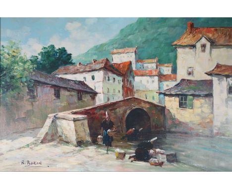 R Boran (Continental School 20th Century), woman washing clothes in river, oil on canvas, measurements 61 x 91 cm, frame 86 x