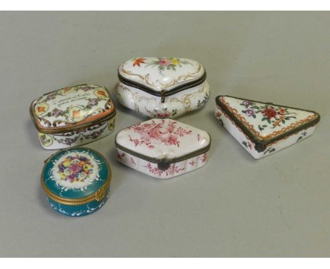 A group of five French enamel and porcelain boxes,late 19th and 20th centuriesincluding a rectangular box bearing inscription