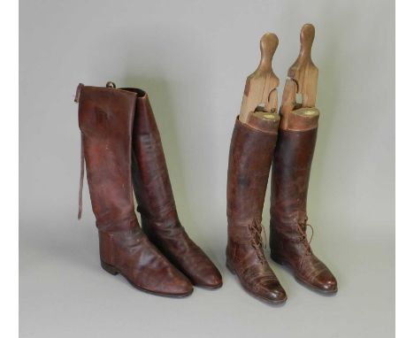 Two pairs of vintage tan leather riding boots, ladies approximately size 5 and gentleman's approximately size 9, with a set o