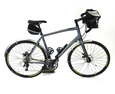 A Fuji Sportif 1.3 disc 2017 road bike, with XL 58cm frame, Shimano 105 group, with accessories to include bar bag, seat sadd