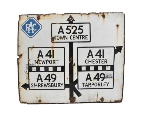 A mid-20th century enamel road sign of Shropshire interest, circa 1946-50, black lettering on a white ground displaying the A