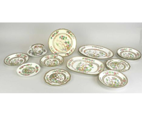 A group of Coalport 'Indian Tree' teawares, plates and saucers together with three Mintons plates printed and painted with ba