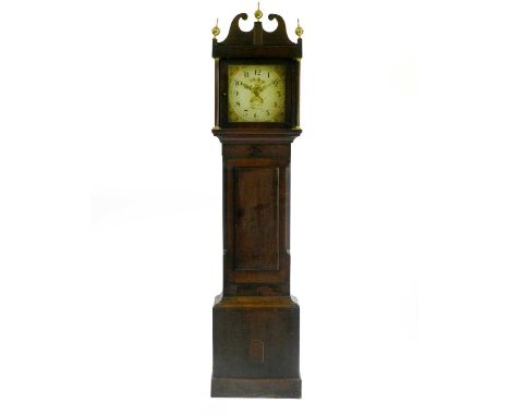 A George III oak painted dial longcase clock, I &amp; E Mason of Worcester, the 12" dial with flower spandrels, black painted