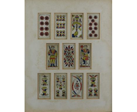 Continental School Watercolours of Playing Cards, potentially Italian, 11 cards in one frame 8.3 x 3.5 cm (i), frame 44 x 34.
