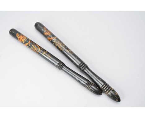 Two Victorian truncheons, 19th century, each painted with V R monogram and crown and in gilt and numbers 80 and 43 respective