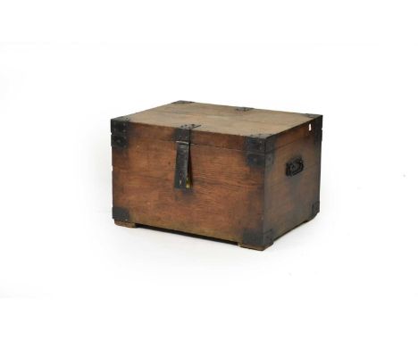 An iron-bound oak silver chest by Walker &amp; Hall, mid 1920s, of rectangular outline with iron corner caps, strap hasp and 