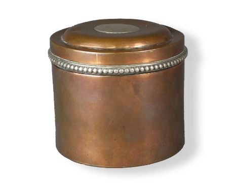 Duchess of Sutherland's Cripples Guild, an arts and crafts copper and silver-plated tea caddy of cylindrical form with silver