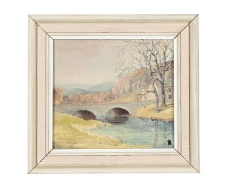 λ&nbspHELEN BRADLEY (BRITISH 1900-1979) PENNY BRIDGE NEAR GREENOD Oil on board Signed with fly motif (lower left); signed and