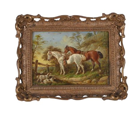 HENRY S. COTTRELL (BRITISH FL. 1850) TWO HORSES AND TWO SPANIELS IN A LANDSCAPE, RESTING AFTER THE HUNT  Oil on panel  Signed