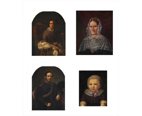 SWEDISH SCHOOL (19TH CENTURY) A PAIR OF PORTRAITS OF AN OFFICER AND HIS WIFE Oil on canvas, arched tops Each 41.5 x 32cm (16¼