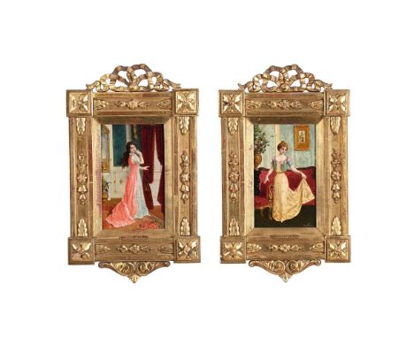 MORITZ STIFTER (AUSTRIAN 1857-1905) PORTRAIT OF TWO LADIES IN DRESSES Oil on panel Signed (lower right) 20 x 12cm (7¾ x 4½ in