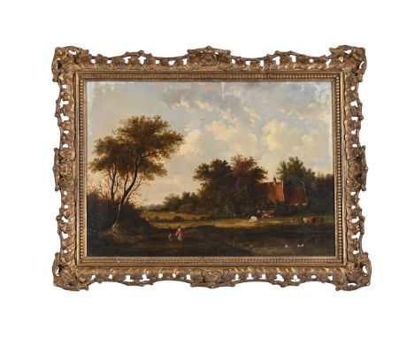 FOLLOWER OF FREDERICK WATERS WATTS  RIVERSCAPE WITH COTTAGE, FIGURES IN THE FOREGROUND  Oil on panel  34 x 46cm (13¼ x 18 in.