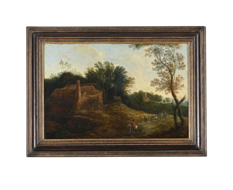 FOLLOWER OF JACQUES D'ARTHOIS TRAVELLERS IN A COUNTRY LANDSCAPE WITH CHURCH BEYOND  Oil on canvas  26 x 39cm (10 x 15¼ in.) P
