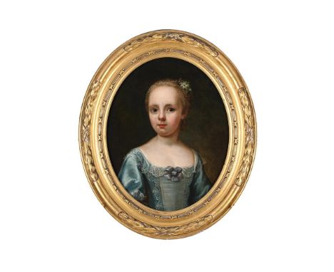 CIRCLE OF BARTHOLOMEW DANDRIDGE  PORTRAIT OF A YOUNG GIRL IN A BLUE DRESS  Oil on canvas, oval  50 x 39cm (19½ x 15¼ in.)Plea