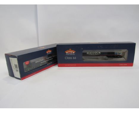 A boxed Bachmann Branch-Line 00 gauge 32-979 Class 66 diesel locomotive in Malcolm Rail livery and 37-304 set of two intermod
