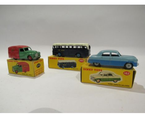 Three boxed Dinky Toys diecast vehicles to include 162 Ford Zephyr Saloon, 470 Austin Van 'Shell' and 283 B.O.A.C Coach (3) 