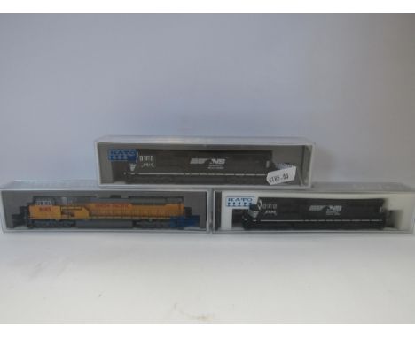 Three Perspex cased Kato N gauge model railway locomotives to include 176-8608-1 Kobo with TCS DCC installed SD70M Norfolk So