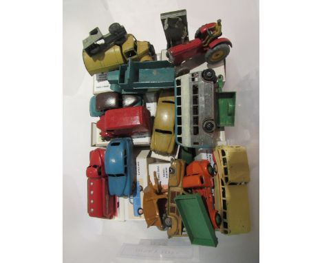 A collection of playworn/repainted Dinky Toys diecast vehicles including Dunlop Trojan van, Esso tanker etc. 