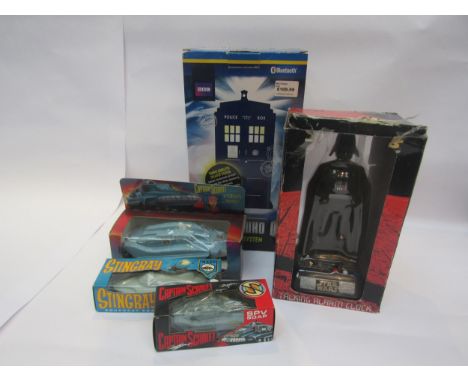 Assorted Sci-fi toys including Doctor Who Tardis Speaker System, Star Wars talking alarm, Captain Scarlet SPV soap and bubble