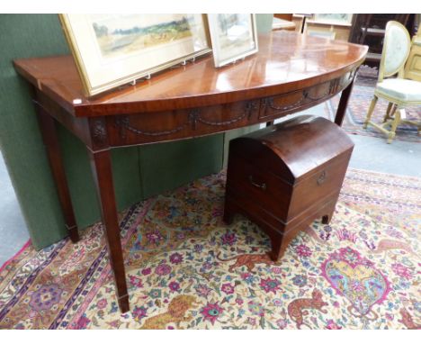 AN INLAID GEORGIAN AND LATER BOW FRONT SERVING TABLE WITH APRON CARVED SWAG DECORATION AND SHALLOW CENTRE DRAWER ON STRAIGHT 