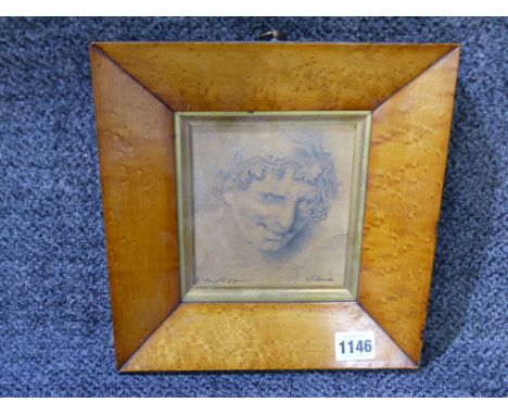 AN 18th/19th.C.ENGLISH SCHOOL PORTRAIT OF SILENUS, A PENCIL DRAWING, INSCRIBED.   16x15 cms.