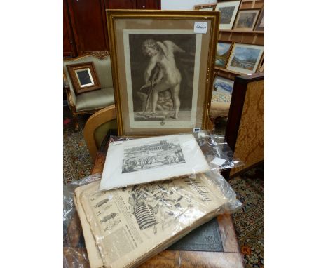 F.BARTOTZI, AFTER CORREGIO,CUPID MAKING HIS BOW, ENGRAVING, TWO PRINTS OF OXFORD COLLEGES (UNFRAMED) AND VARIOUS EPHEMERA.