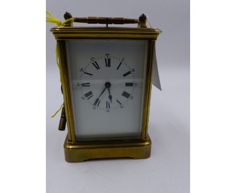 A GOOD LATE 19th.C. GRAND SONNERIE REPEATING BRASS CASED FIVE GLASS CARRIAGE CLOCK WITH UNSIGNED WHITE ENAMEL DIAL WITH ROMAN