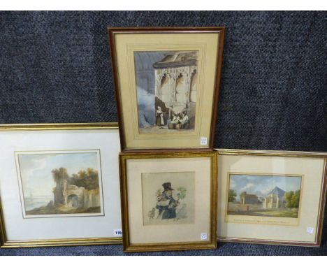FOUR 19th.C.WATERCOLOURS TO INCLUDE THREE CONTINENTAL LANDSCAPES AND A PORTRAIT OF A GENTLEMAN HOLDING FLOWERS, VARIOUS SIZES
