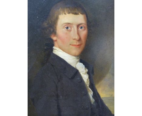 LATE 18th.C.CONTINENTAL SCHOOL. A BUST PORTRAIT OF A YOUNG GENTLEMAN WITH DRAPERY AND SEASCAPE BACKGROUND, OIL ON PANEL, EXTE