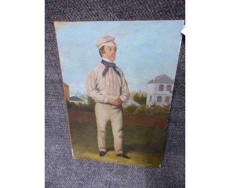 ENGLISH SCHOOL. A PORTRAIT OF A VICTORIAN CRICKETER, OIL ON CANVAS LAID ON BOARD.   51 x 36cms.