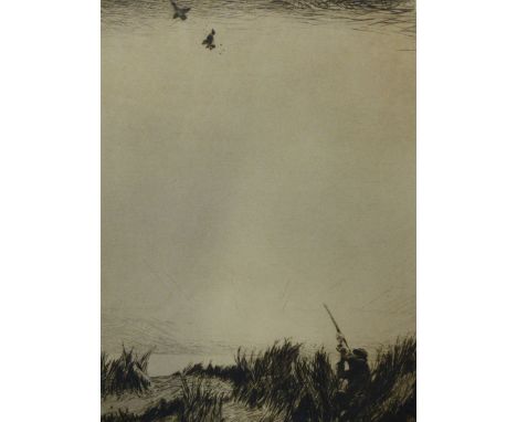 NORMAN WILKINSON (1878-1971) DUCK SHOOTING AND FLY FISHING, TWO ETCHINGS BOTH PENCIL SIGNED.   LARGEST 32 x 24 cms.