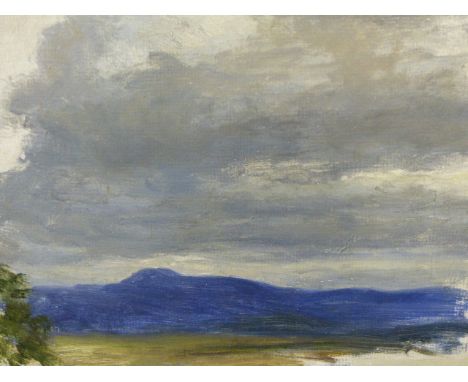 ATTIRBUTED TO JOSEPH FARQUARSON ( 1846-1935). A LANDSCAPE SKETCH, OIL ON BOARD.   29 x 34cms.