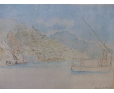 19th.C.ENGLISH SCHOOL. SKETCH OF AN ITALIAN COASTAL VIEW, INSCRIBED AMALFI, WATERCOLOUR.   31 x 45cms.