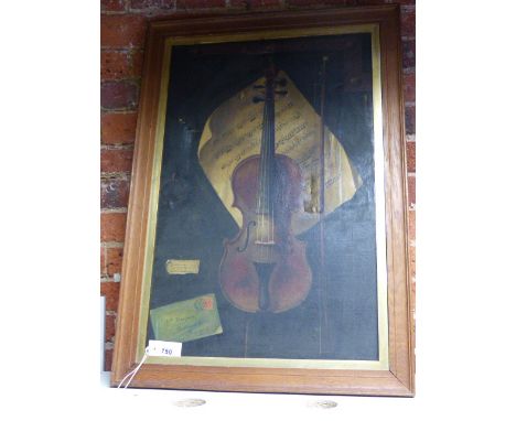 A 19th.C. TROMPE L'OEIL STUDY OF VIOLIN , VIOLIN BOW AND MUSIC SHEET. OIL ON CANVAS.  approx.76 x 47 cms.  