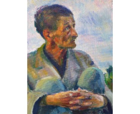 20th.C.CONTINENTAL SCHOOL, PORTRAIT OF A SEATED MAN, SIGNED AND DATED INDISTINCTLY. OIL ON CANVAS.    73 x 59cms.