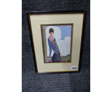 EARLY 20th.C. ENGLISH SCHOOL, PORTRAIT OF A 1920'S SOCIETY LADY ON A BALCONY INITIALLED EB AND DATED 1927. WATERCOLOUR.    21