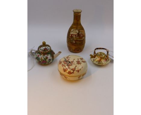 THREE JAPANESE SATSUMA CABINET PIECES TO INCLUDE A VASE, A MINIATURE TEAPOT, A COVERED ROUND BOX TOGETHER WITH A CANTONESE MI