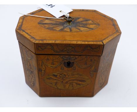 A GEORGIAN OCTAGONAL MARQUETRY INLAID AND CROSSBANDED SATINWOOD TEA CADDY WITH SWAG DECORATION INSCRIBED TEA.