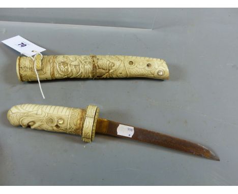 A JAPANESE TANTO IN CARVED IVORY AND BONE SCABBARD WITH DRAGON HEAD GRIP
